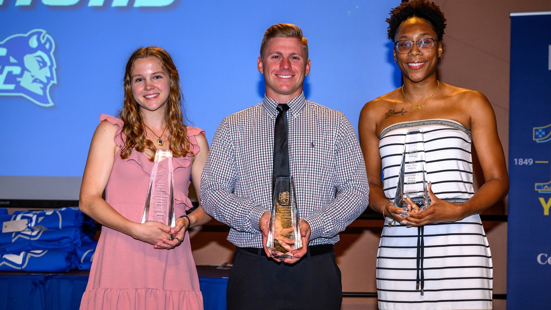 Ashley Dana, Hunter Pasqualini and Shannon Welcome were recipients of the Gail Rutz and Frederick M. Gladstone Awards as the best athletes of the Blue Devils senior class on Monday. (Photo: Steve McLaughlin).