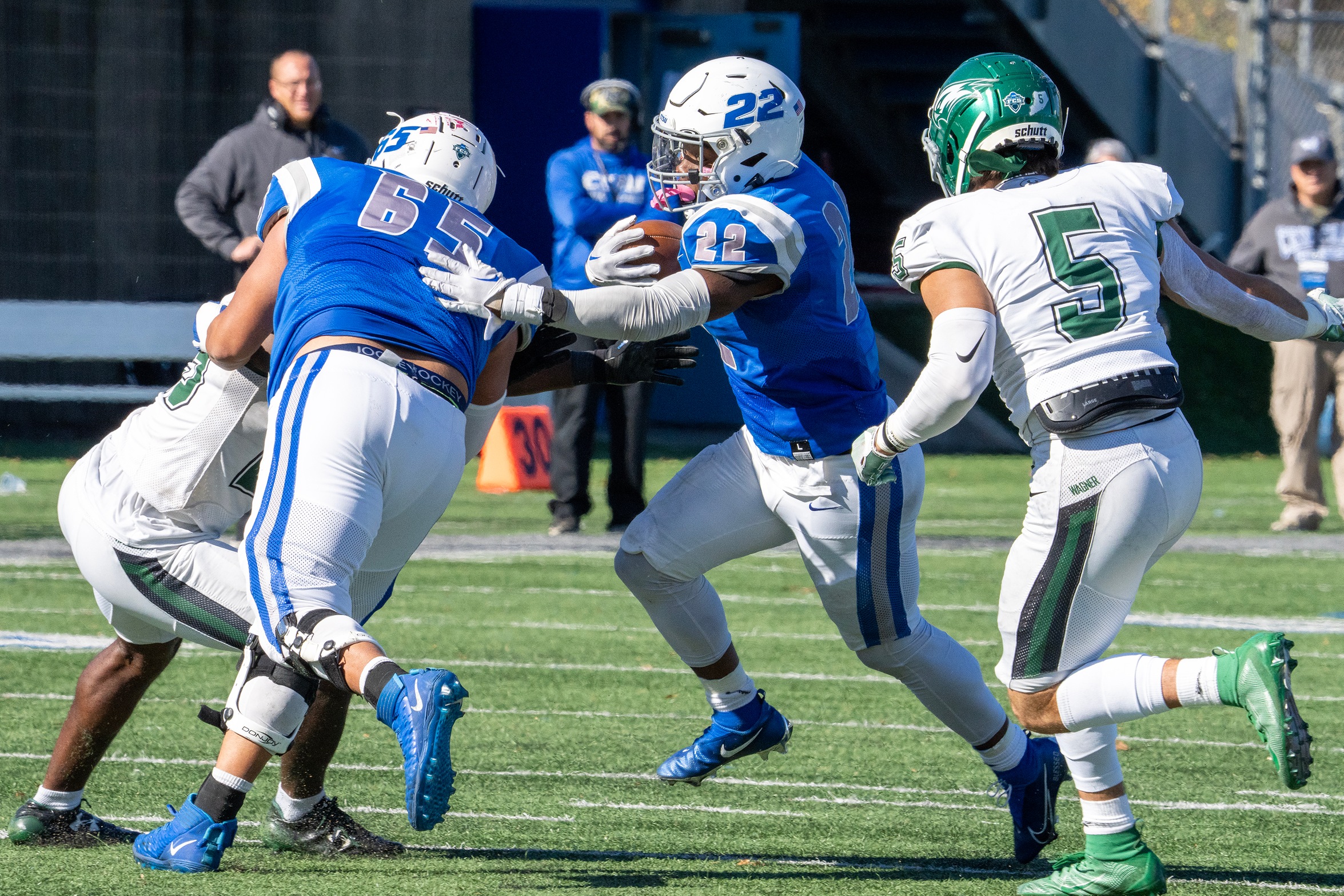 Nasir Smith had a career-high 174 yards, on 31 carries, and three touchdowns in the Blue Devils win over Wagner on October 29. (Photo: Steve McLaughlin)