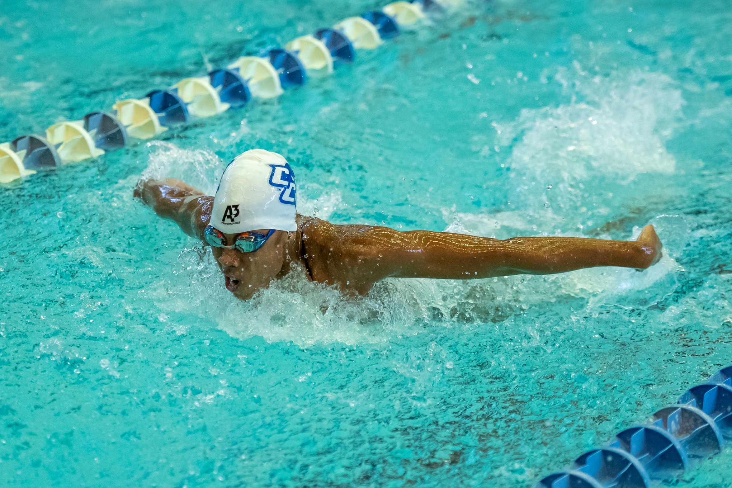 Shannon Welcome won gold and led a CCSU sweep of the 200 butterfly on Friday night at the NEC Championships. (Photo: Steve McLaughlin)