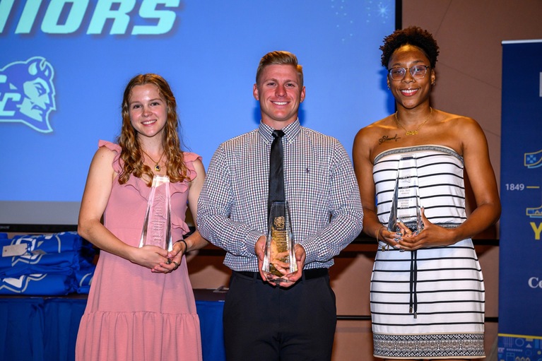 Ashley Dana, Hunter Pasqualini and Shannon Welcome were recipients of the Gail Rutz and Frederick M. Gladstone Awards as the best athletes of the Blue Devils senior class on Monday. (Photo: Steve McLaughlin).