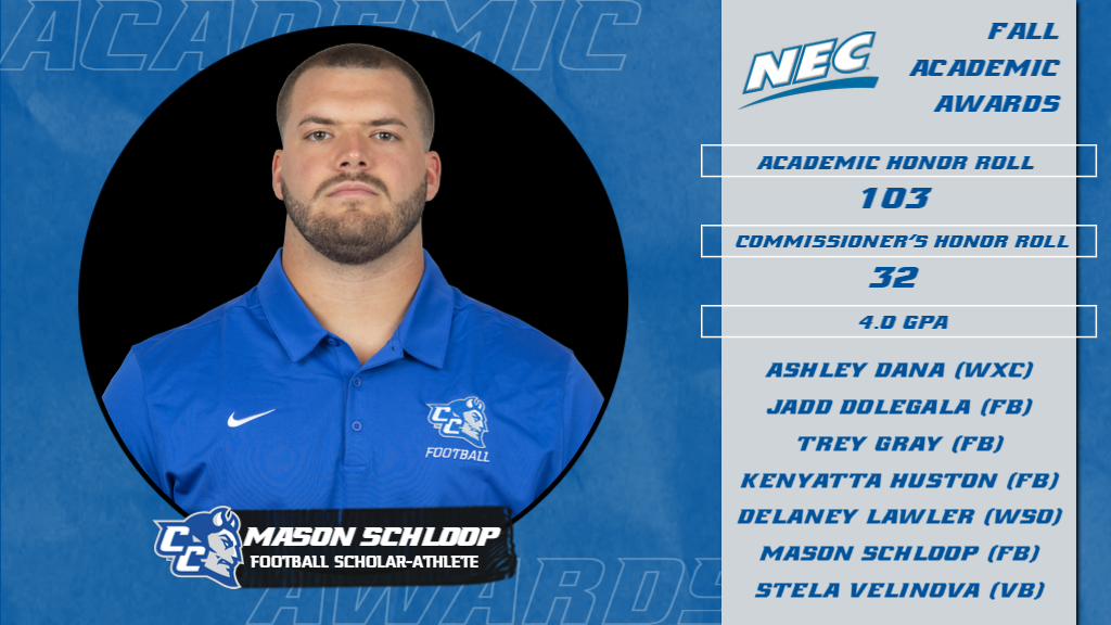 Mason Schloop earned NEC Football Scholar-Athlete honors on Tuesday, and was one of 103 Blue Devils to earn NEC Academic Honor Roll recognition. (Headshot: Steve McLaughlin)