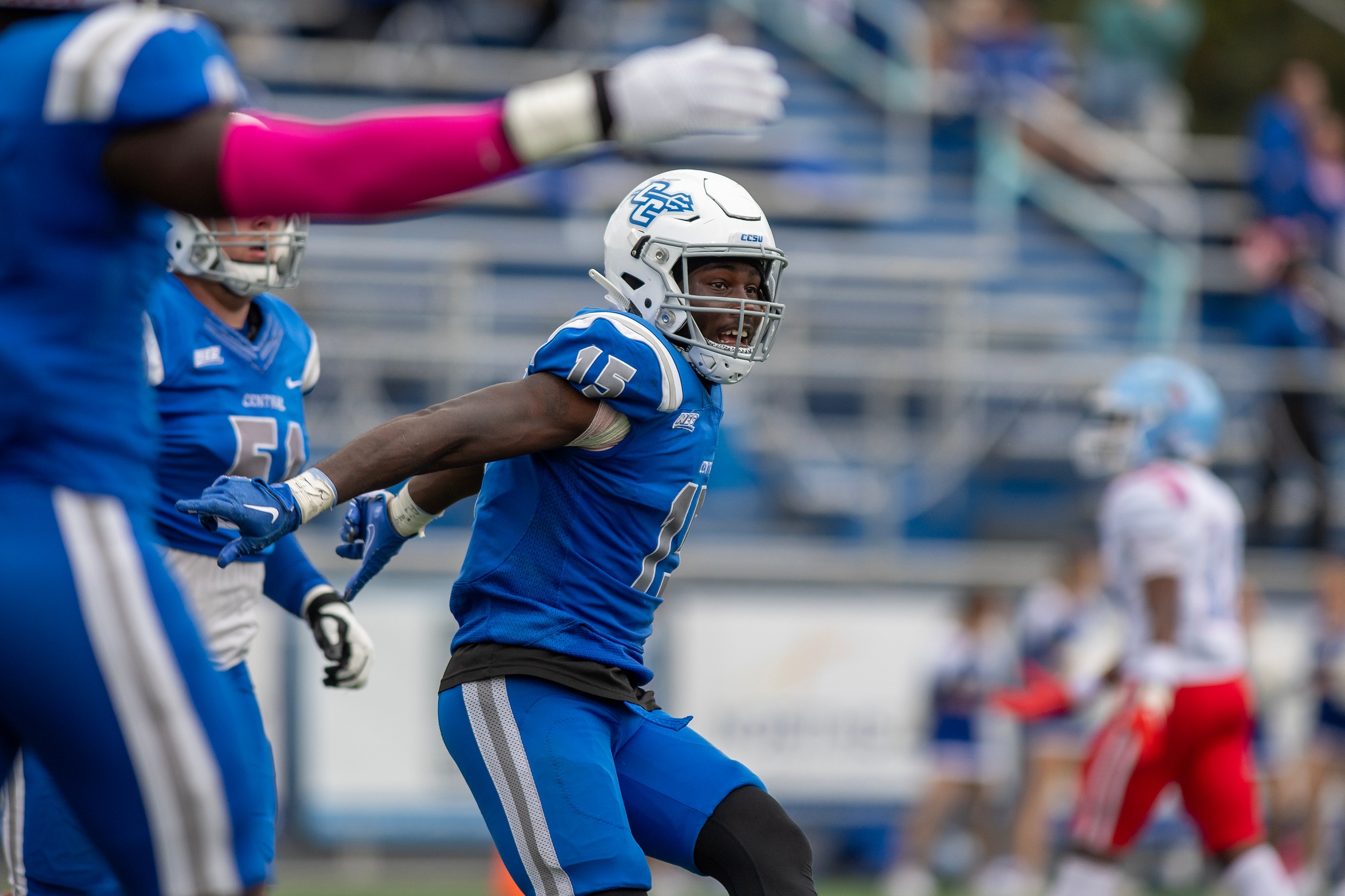 Kimal Clark had two interceptions in the Blue Devils win at Wagner on October 21, 2023 and earned NEC Defensive Player of the Week honors. (Photo: Steve McLaughlin)