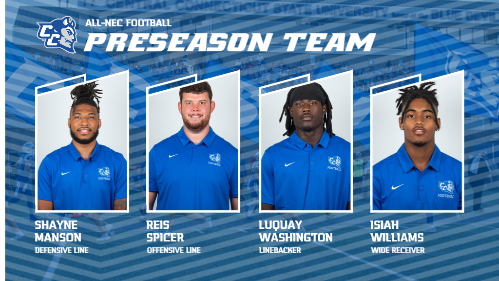 Four Blue Devil football players were named to the 2023 All-NEC Football Preseason Team, announced Wednesday, July 23, 2023, at NEC Football Media Day at MetLife Stadium. (Photos: Steve McLaughlin)