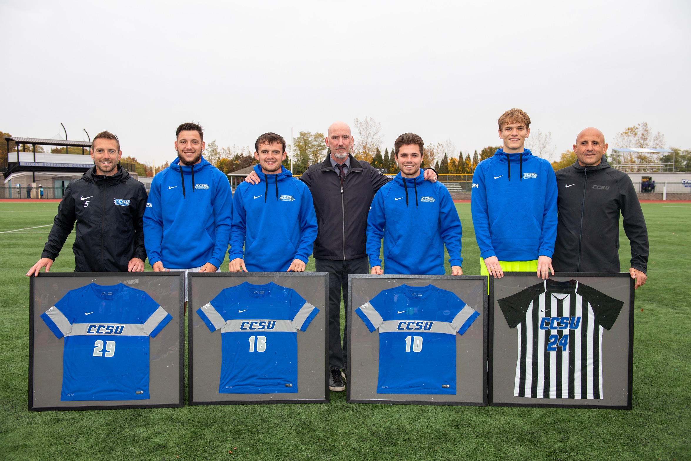 The Blue Devils honored their senior class prior to Sunday's game with Stonehill on CCSU Soccer Field.  (Photo: Steve McLaughlin)