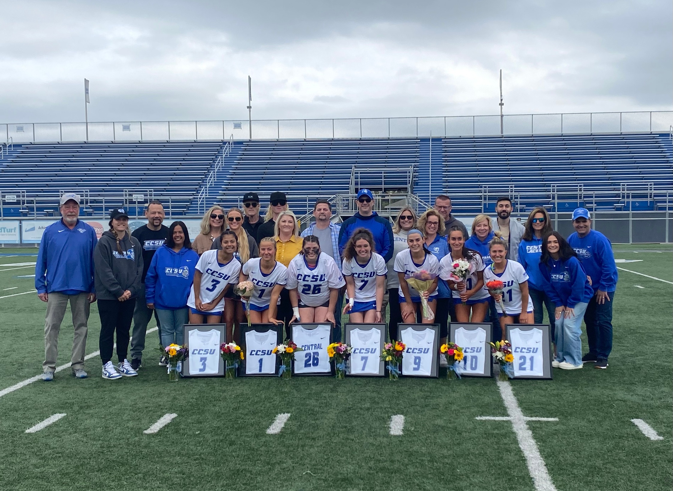 CCSU honored seven members of its senior class prior to the 2023 home finale. (Photo: Tom Pincince)