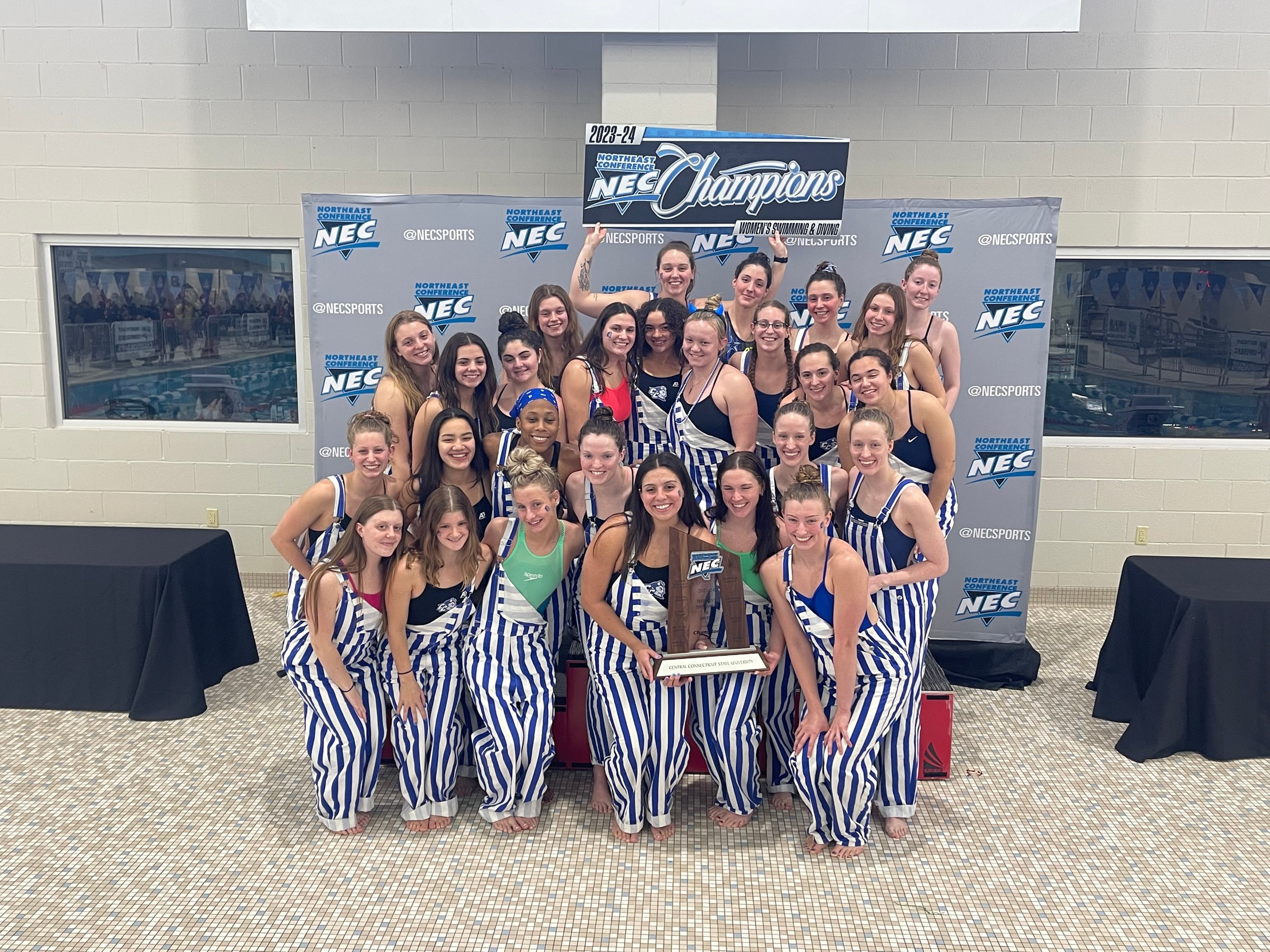 The swimming and diving team captures its second consecutive NEC Swimming & Diving Championship, and eighth all-time, this week in Geneva, OH. (Photo: CCSU Athletics)